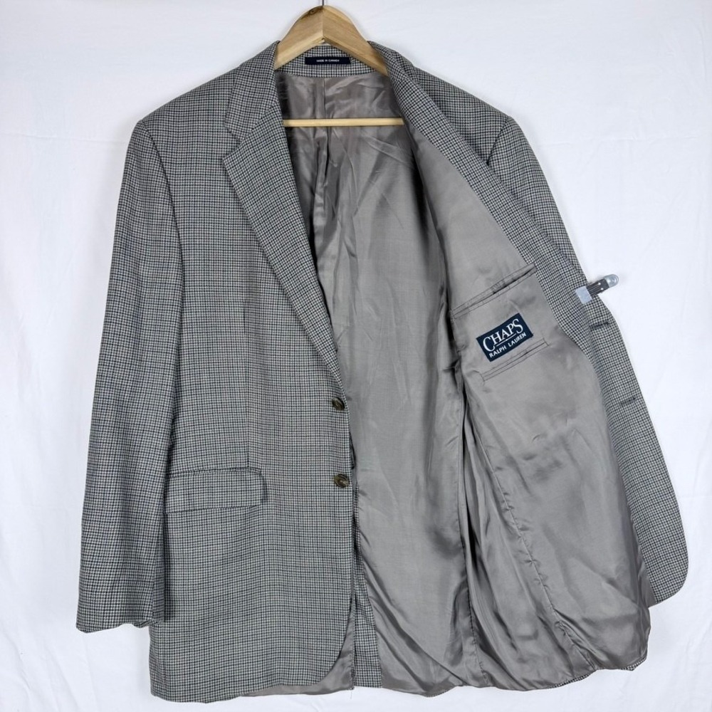 Chaps Ralph Lauren Gray Houndstooth Blazer Sport Coat 43L Silk Wool Blend